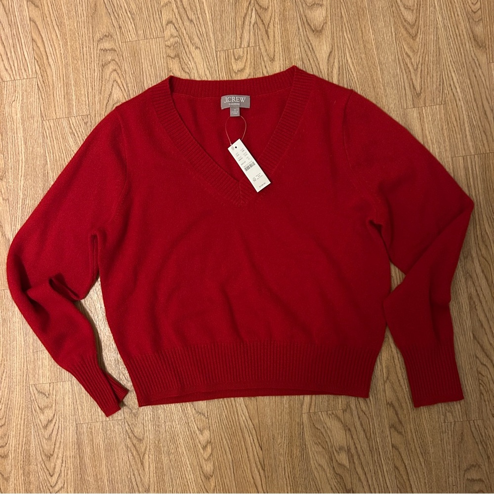J Crew Cashmere shrunken V-neck sweater in bright red